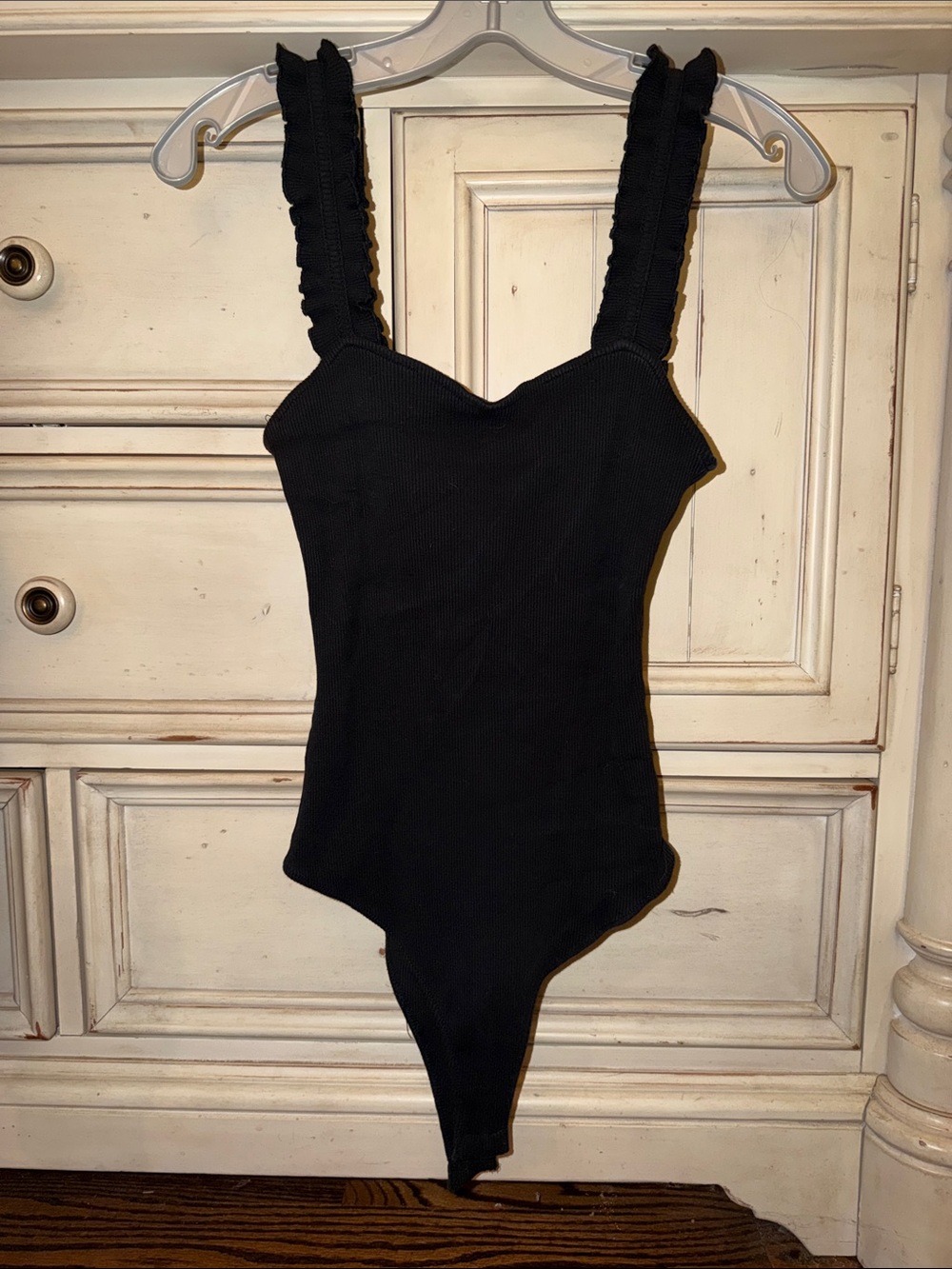 Womens Black Ribbed Bodysuit with Ruffled Straps